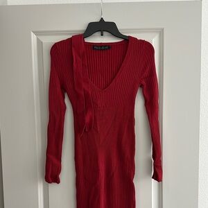 House of Harlow Red Ribbed Dress with Ribbon Tie